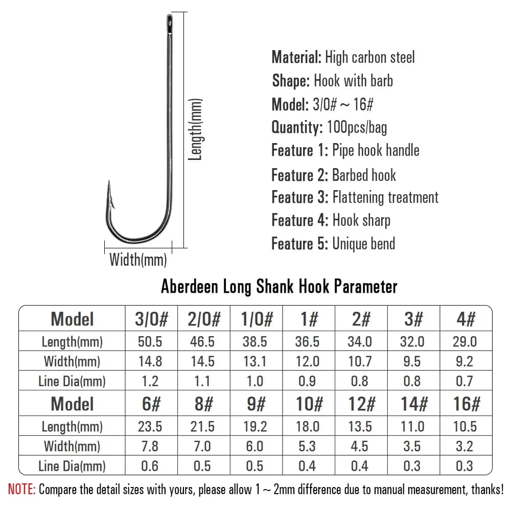100 hameçons Aberdeen longue tige #16-3/0 - Pour sabiki rigs et pêche en eau douce ou salée