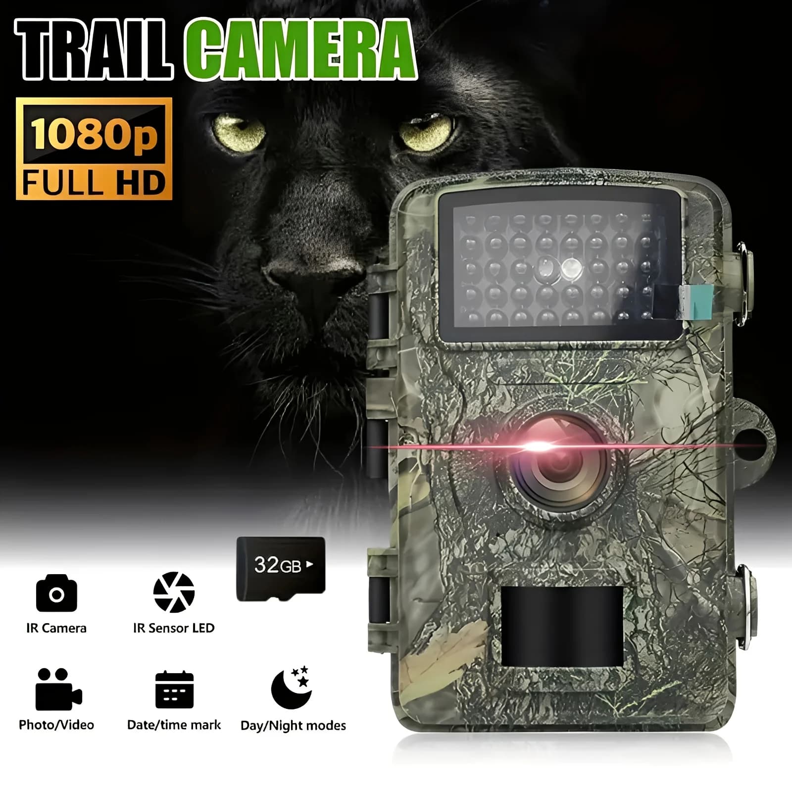 Caméra de surveillance faune 1080P vision IR nocturne à détection de mouvement pour extérieur et sentier