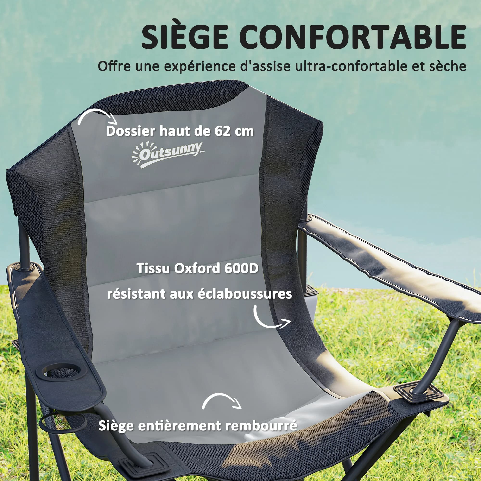 Set 2 chaises camping pliantes rembourrées - Sièges pêche avec porte-gobelet, charge 120kg