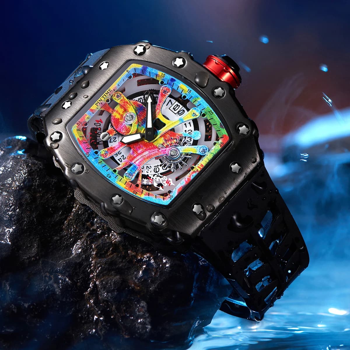 Montre homme luxe tonneau quartz graffiti cadran automatique date étanche sport élégante
