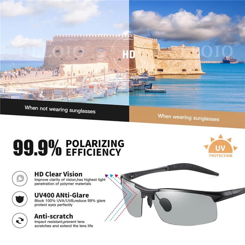 Lunettes de soleil photochromiques aluminium polarisées pêche conduite jour nuit anti-éblouissement