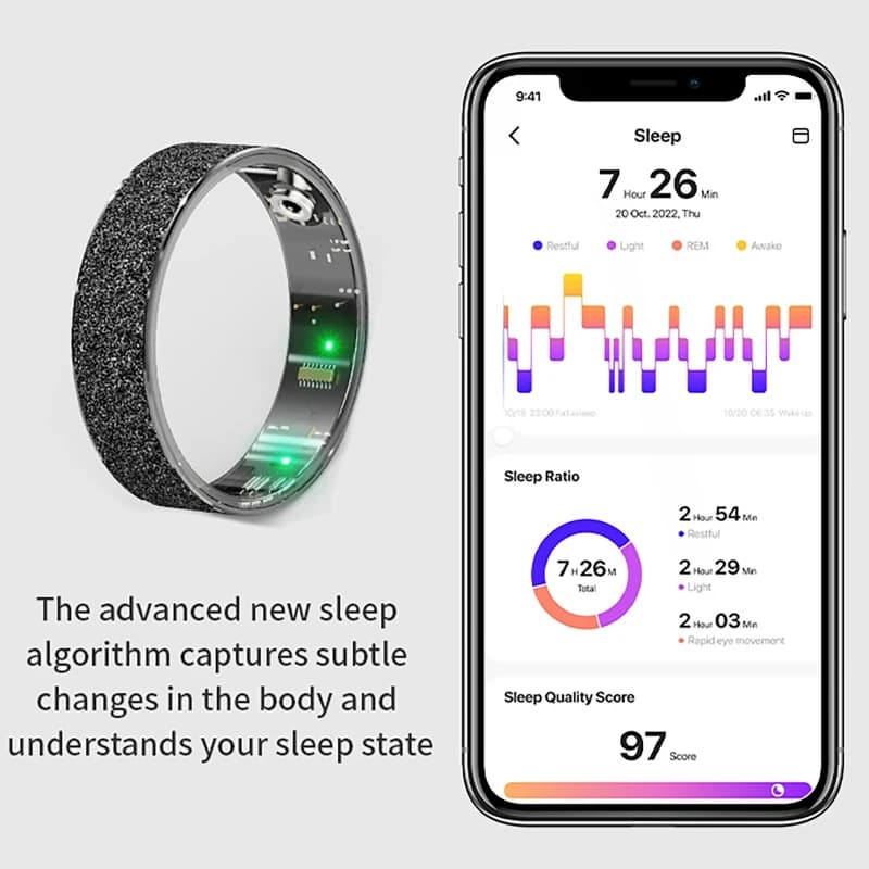 Bague connectée sport IP68 - Moniteur fréquence cardiaque, oxygène sanguin, sommeil et podomètre