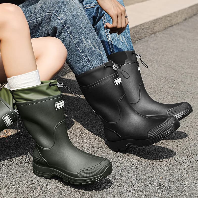 Bottes mi-mollet homme imperméables anti-vent avec cordon - Semelle antidérapante durable PVC randonnée