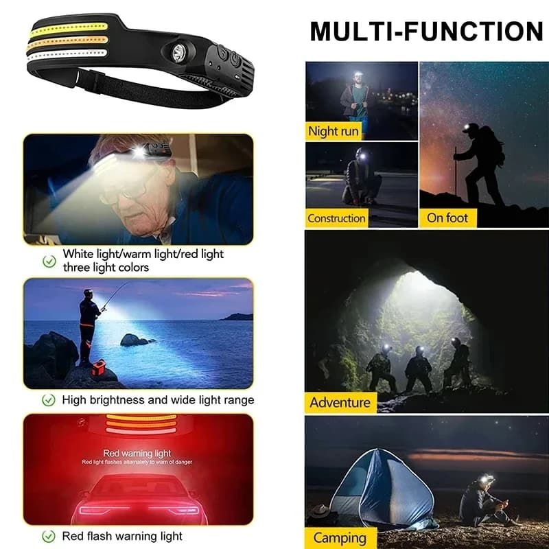 Lampe frontale LED COB à induction 5 modes - Rechargeable USB étanche pour pêche et camping