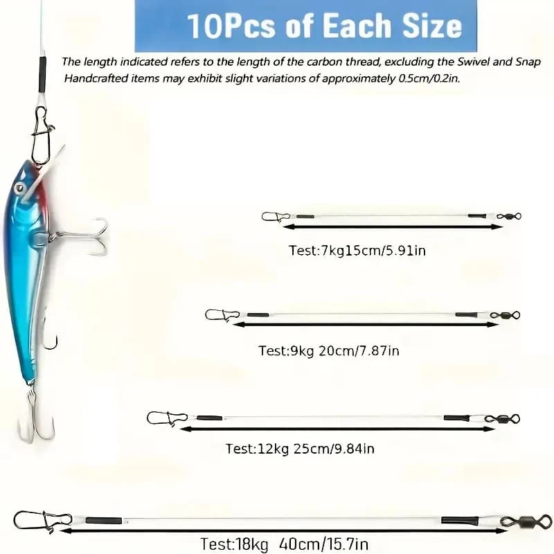 10 hameçons fluorocarbone résistants avec émerillons - Fil leader anti-morsure pour pêche en mer et eau douce