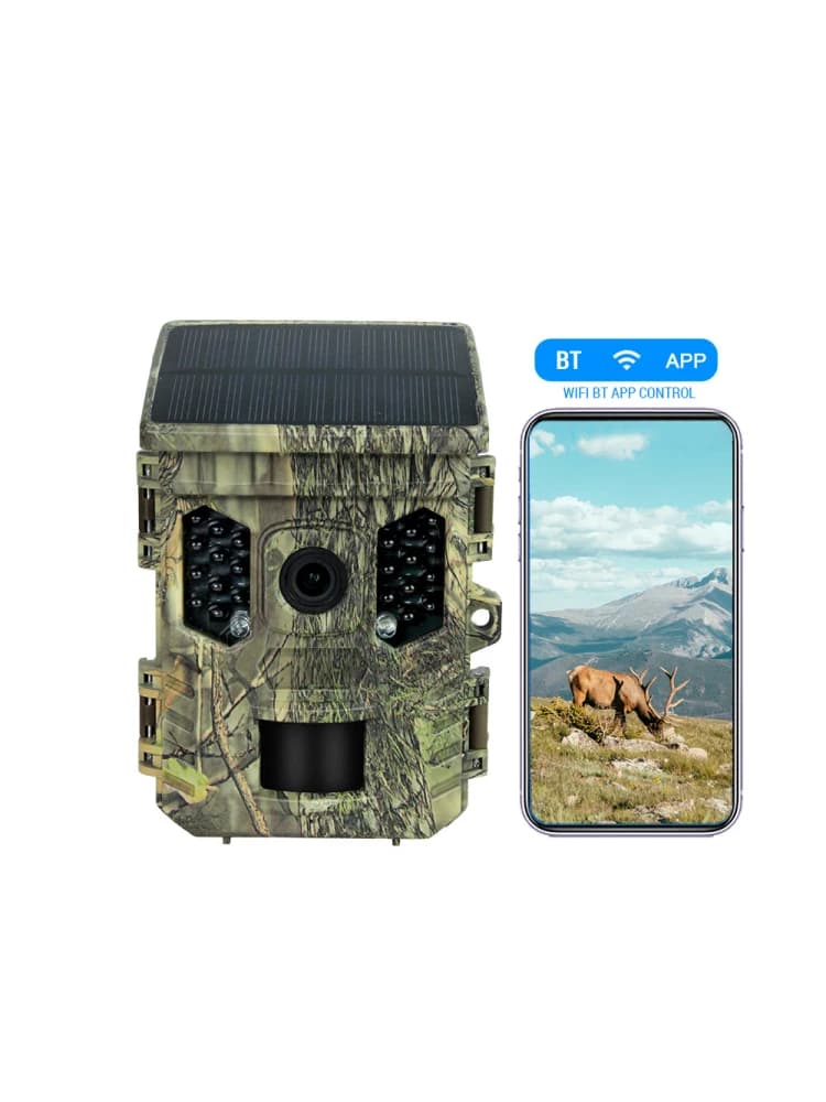 Caméra faune énergie solaire 4K 1080P - Vision nocturne étanche BT WiFi APP 16MP détection mouvement