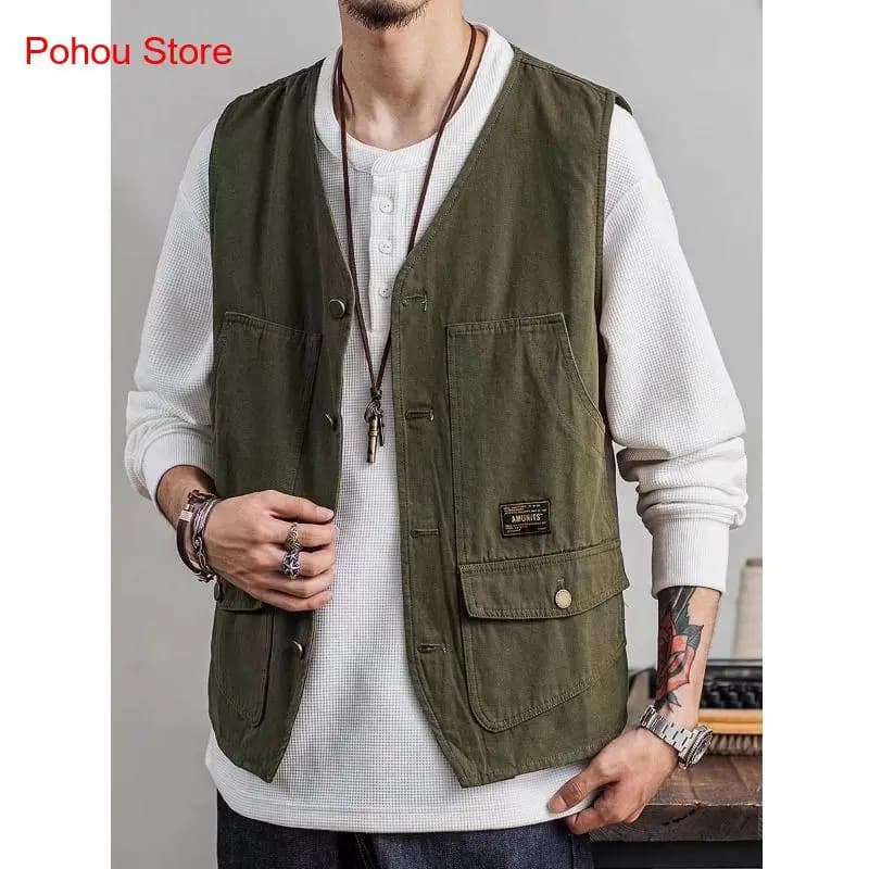 Veste sans manches japonaise été poches multiples homme - Workwear rétro léger et aéré