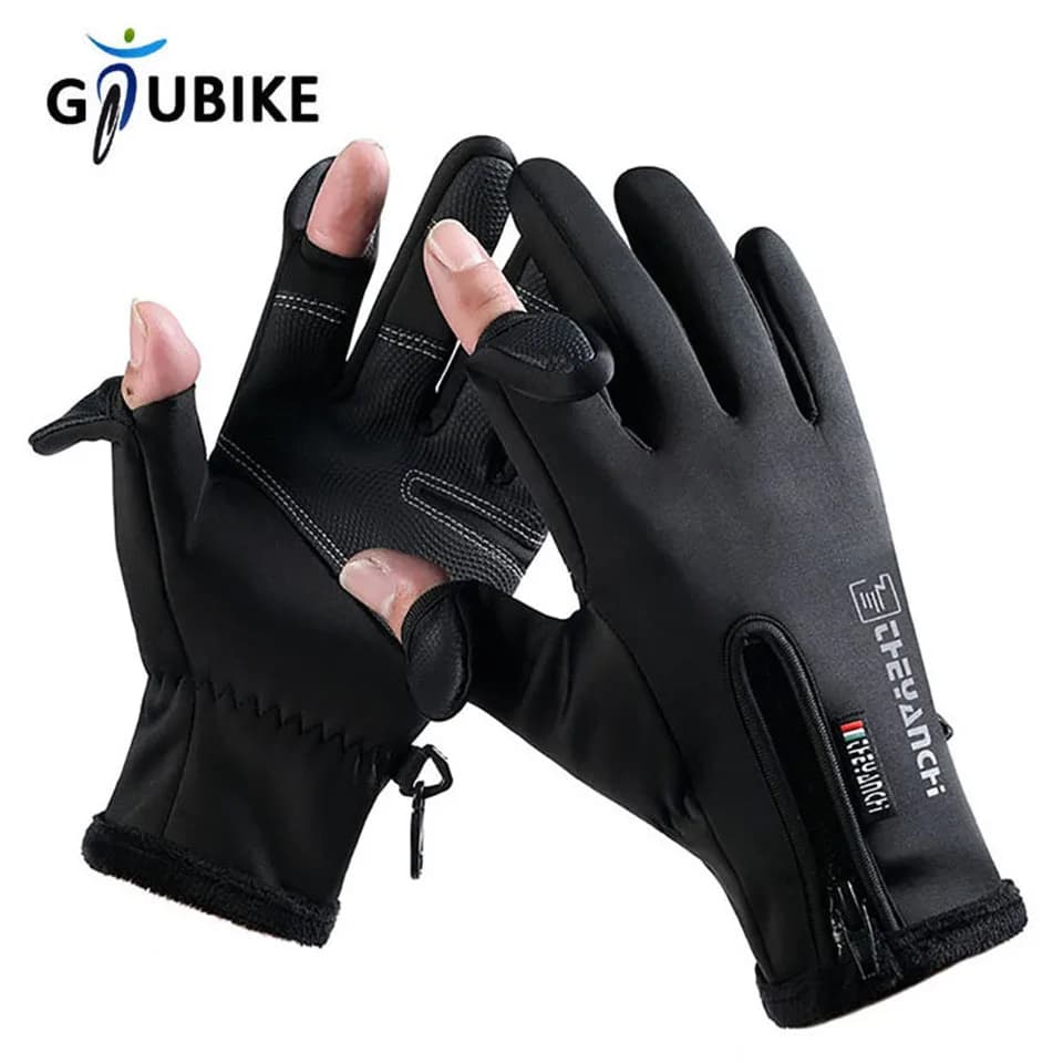 Gants pêche hiver GTUBIKE waterproof 2 doigts flip velours chaud vent hommes femmes