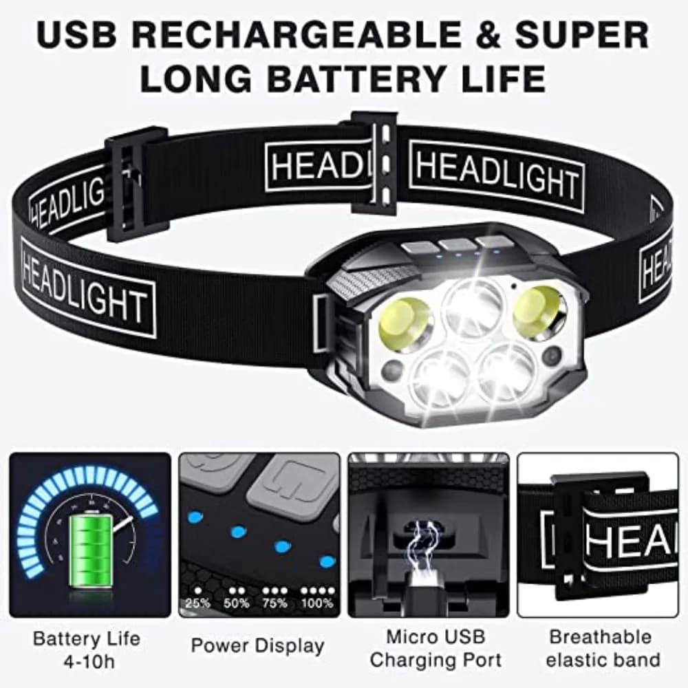 Lampe frontale LED 1200 lumens étanche avec capteur de mouvement rechargeable pour pêche en conditions humides