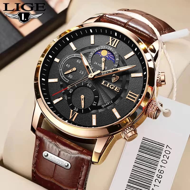 Montre homme luxe LIGE cuir étanche - Marque haut de gamme, mouvement quartz, style sport élégant
