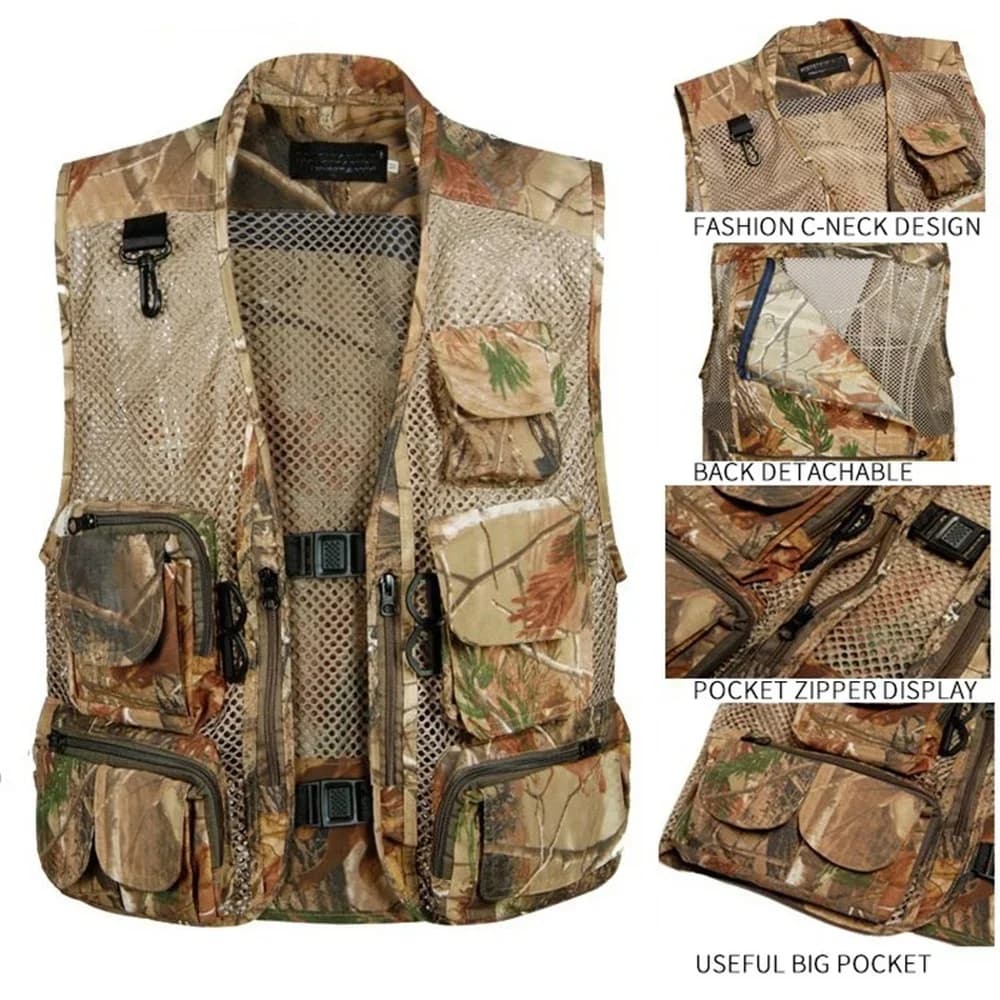 Veste estivale homme décontractée en mesh vert camouflage à multiples poches pour photographes