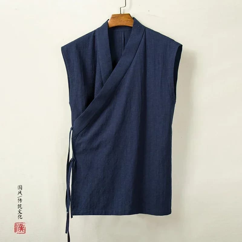 Veste traditionnelle chinoise Hanfu homme lin coton sans manches kimono cardigan pêche zen