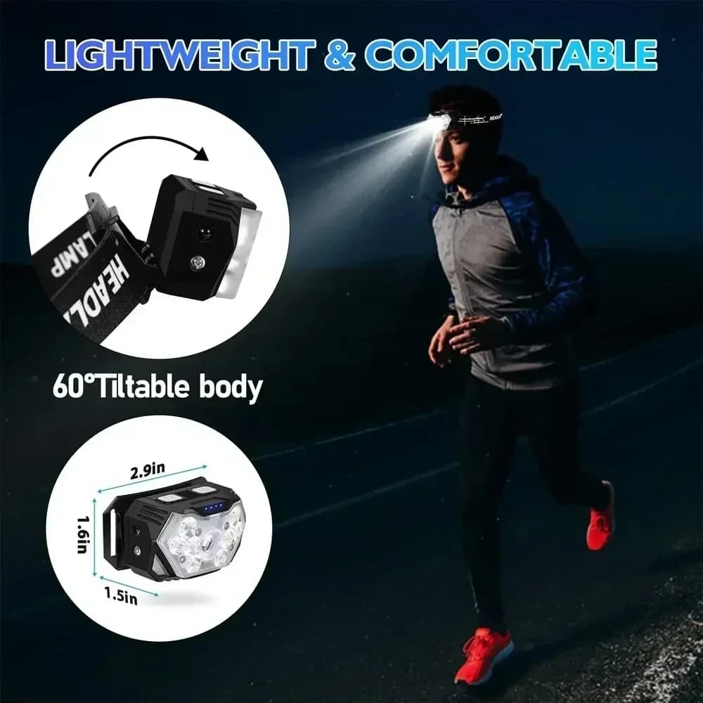 Lampe frontale LED 2000 lumens avec détecteur de mouvement étanche pour pêche et camping