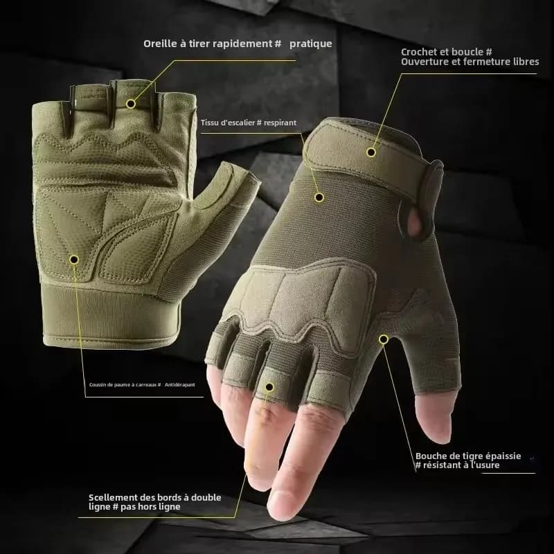 Gants tactiques demi-doigts pêche sportive - Gants résistants pour pêche montagne et vélo