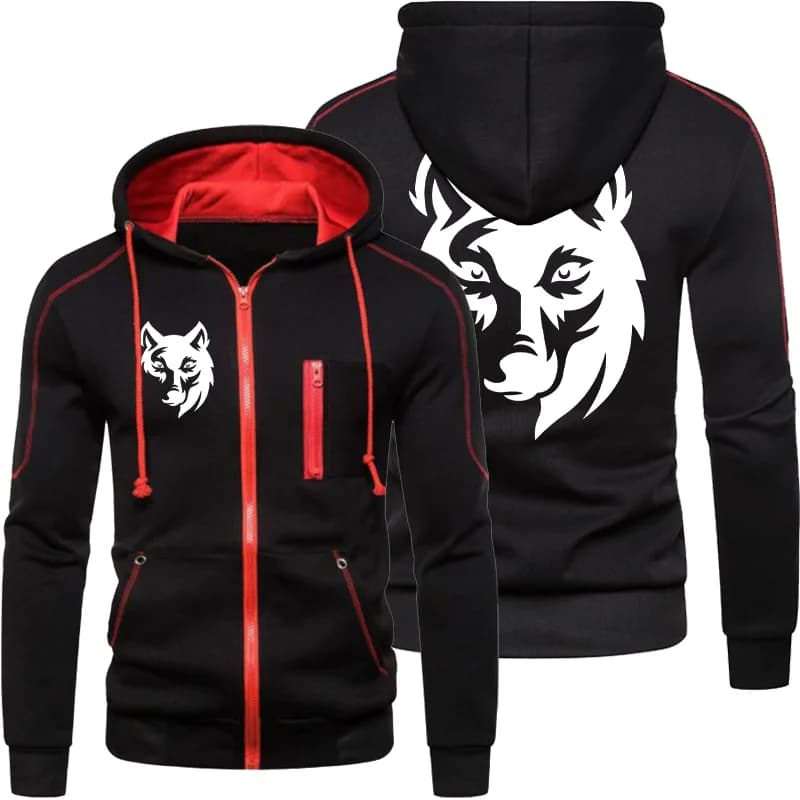 Sweatshirt à capuche homme impression loup - Veste zippée confortable pêche automne hiver