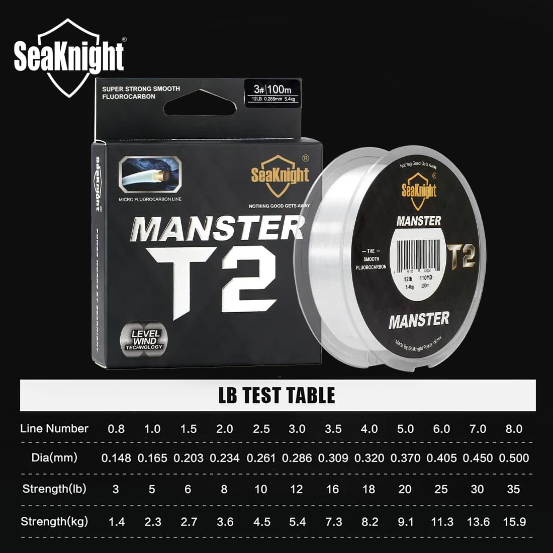 Ligne fluorocarbone 100% SeaKnight MANSTER T2 100m 3-35lb pêche mer ligne coulante carbone améliorée