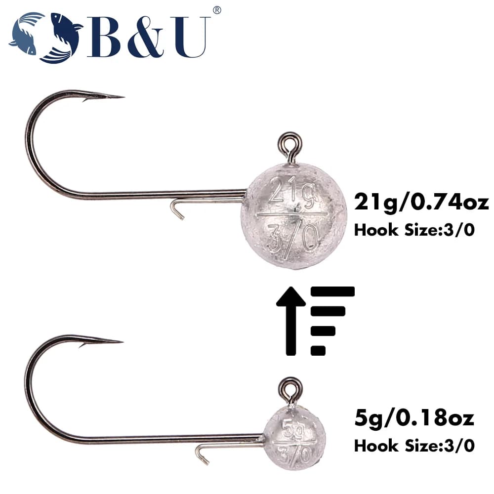 Hameçons jig head plomb haute résistance 3/0 4/0 B&U pour leurres souples 5-21g bass brochet