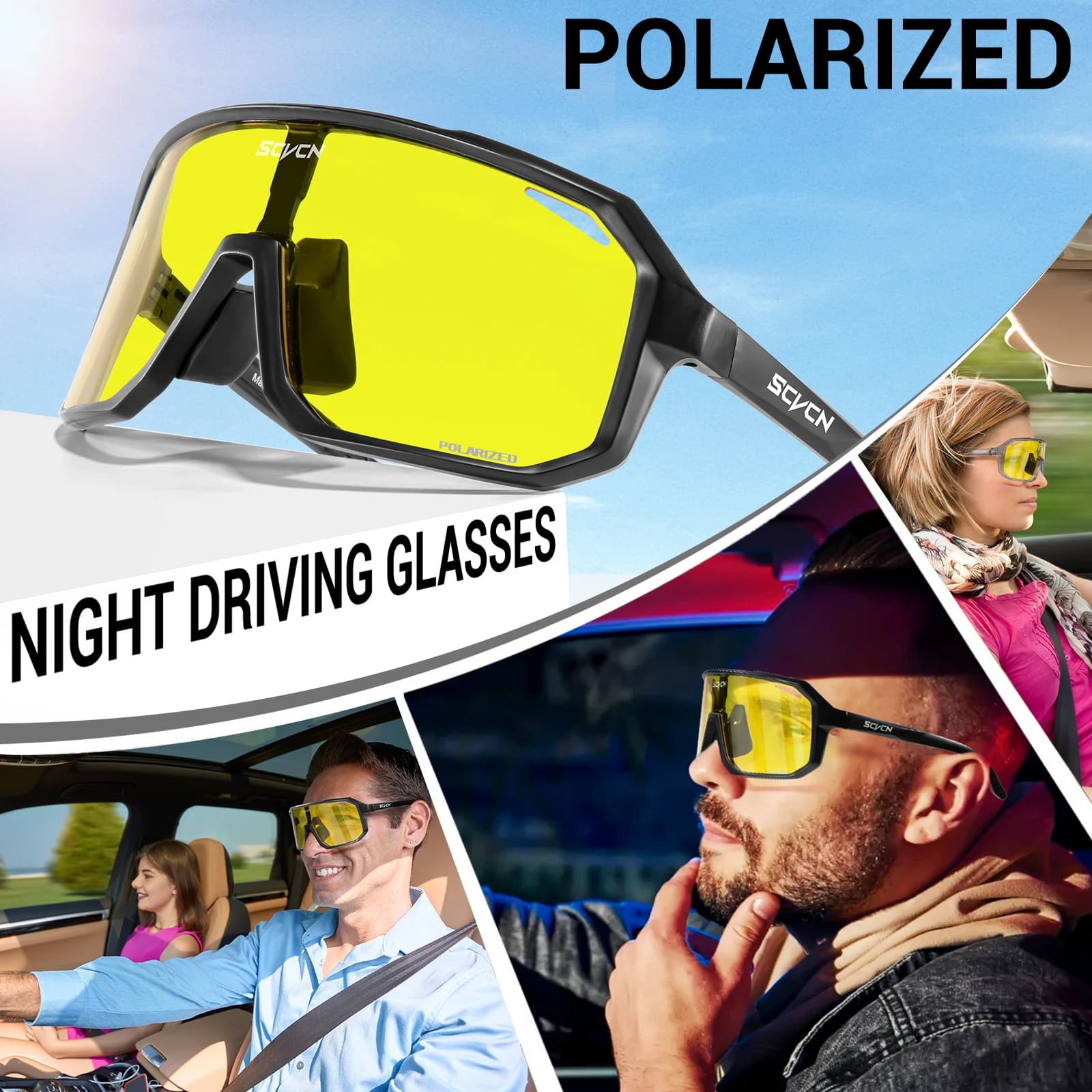 Lunettes de pêche polarisées vision nocturne jaunes SCVCN - Protection UV400 pour homme et femme