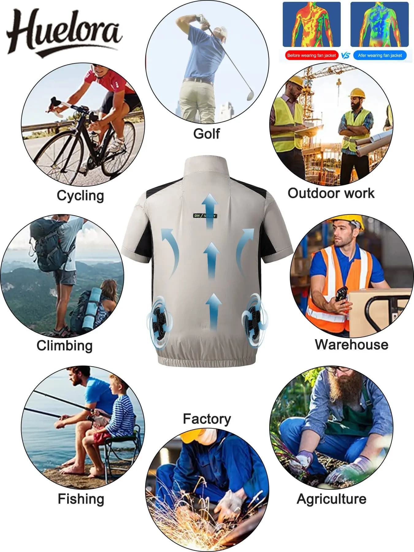 Veste ventilée rafraîchissante été pêche travail manches courtes, climatisation USB et protection anti-chaleur