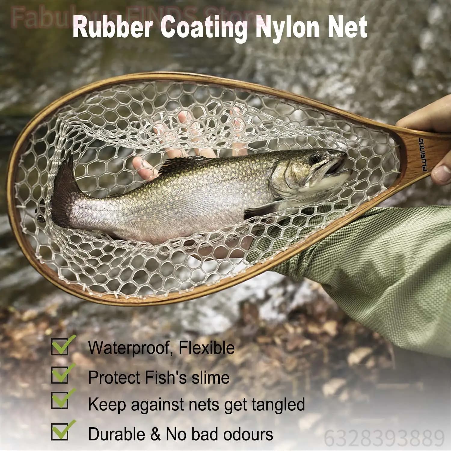 Épuisette pêche à la mouche manche bois maille caoutchouc transparent pour truite pêche no-kill rivière