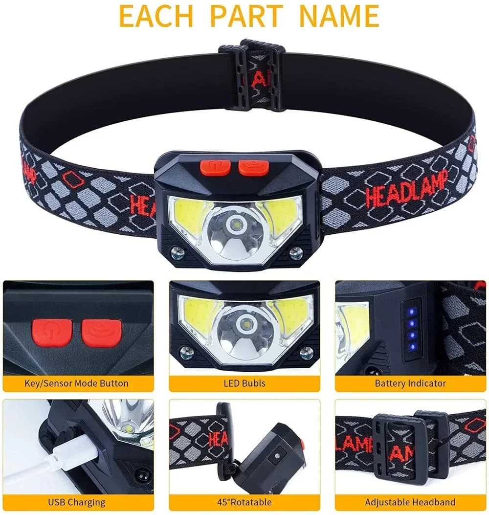 Lampe frontale LED 8 modes avec détecteur de mouvement - Parfaite pêche nocturne et camping