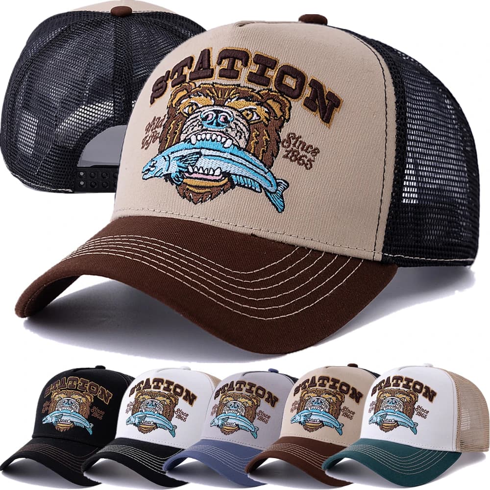 Casquette trucker ours motif été respirante unisexe homme femme pêche extérieur snapback