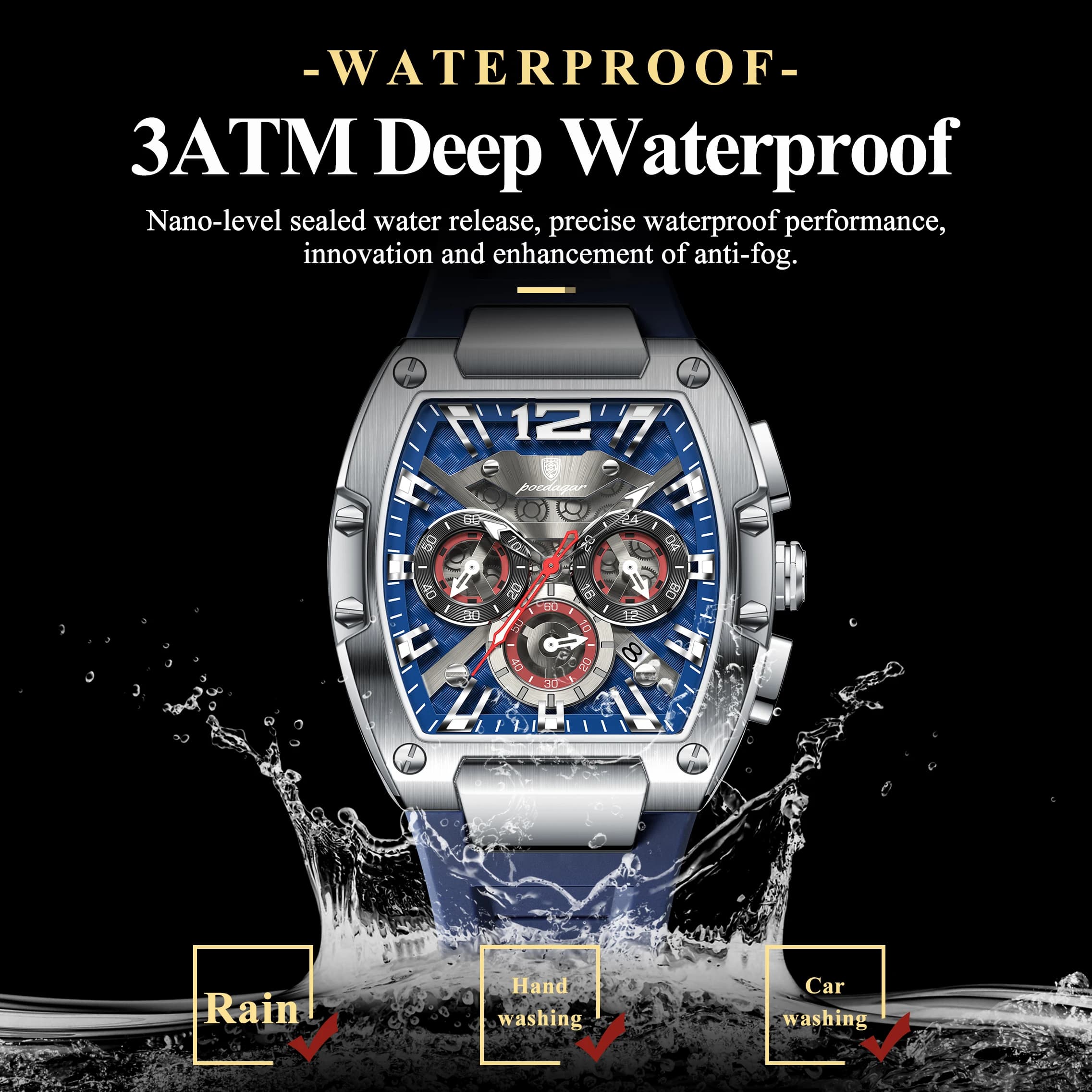 Montre homme militaire étanche POEDAGAR - Chronographe sport pêche avec bracelet silicone et affichage lumineux