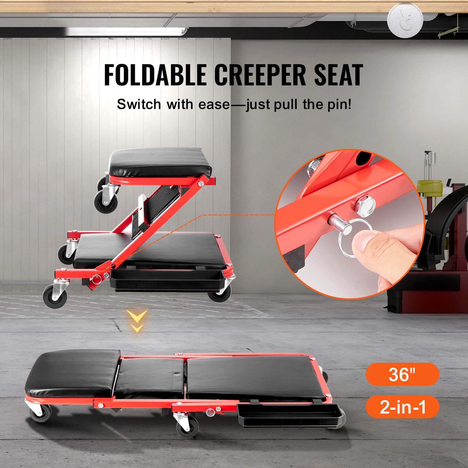 Tabouret roulant pliable mécanique Z Garage - Siège mobile avec plateau outils pour pêcheurs bricoleurs