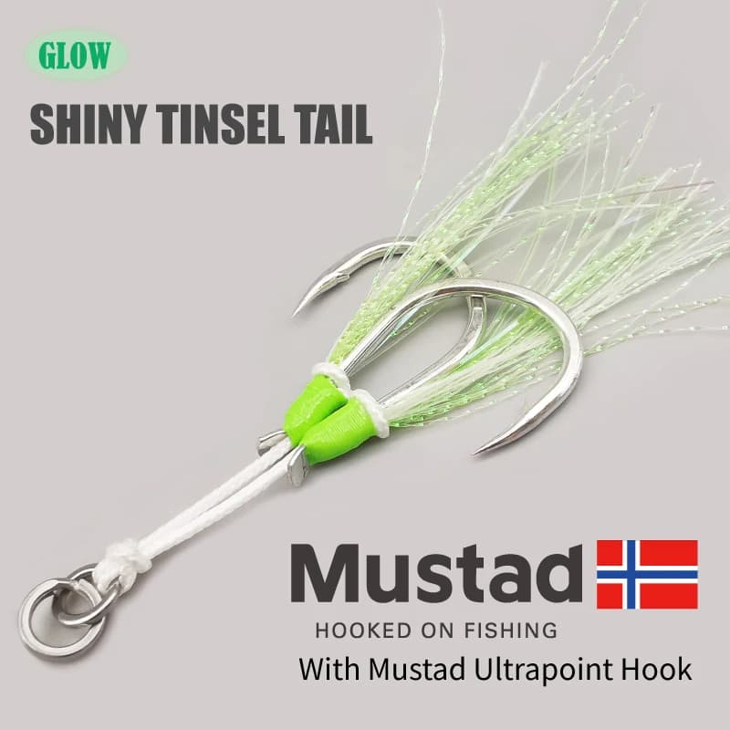 Hameçons Mustad Glow Slow Jigging Twin Assist pour la pêche au dorade en mer