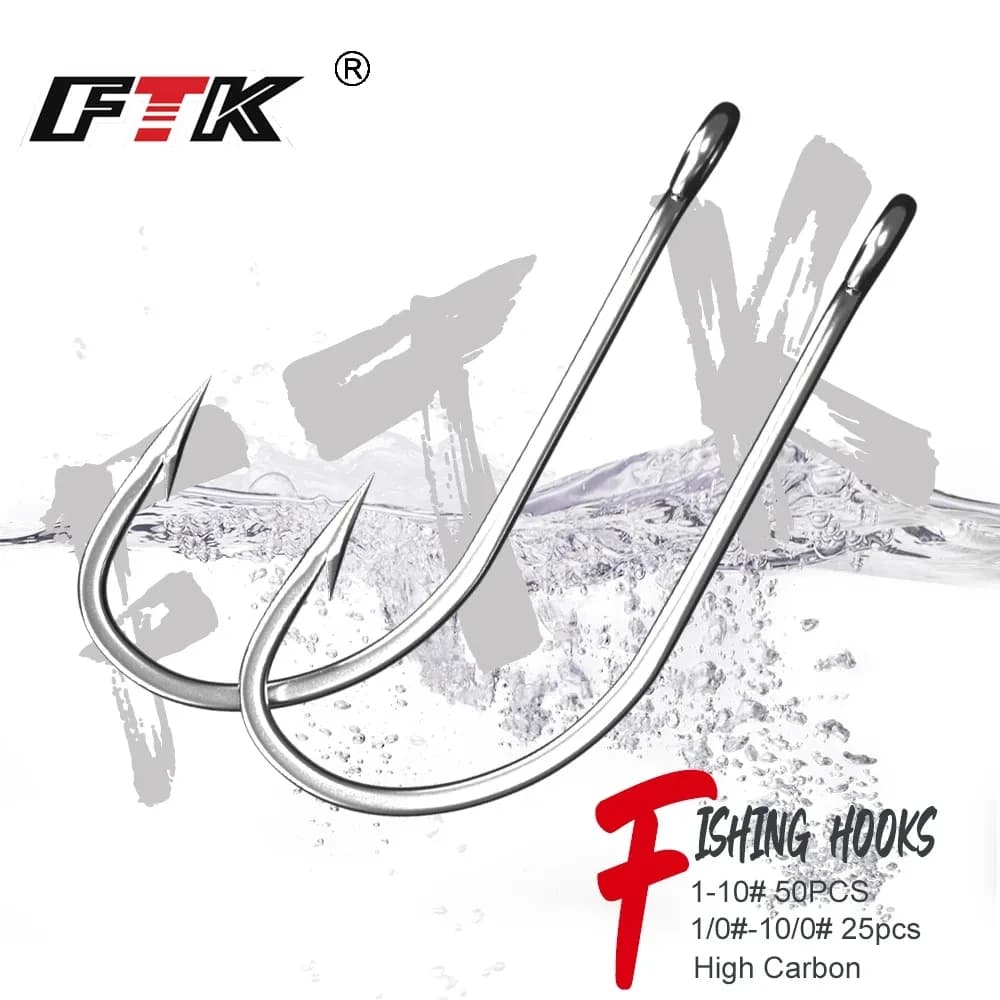 FTK 50 hameçons acier inoxydable barbelés pour carpe et bass - Tailles 1/0 à 10/0 en pack de 25