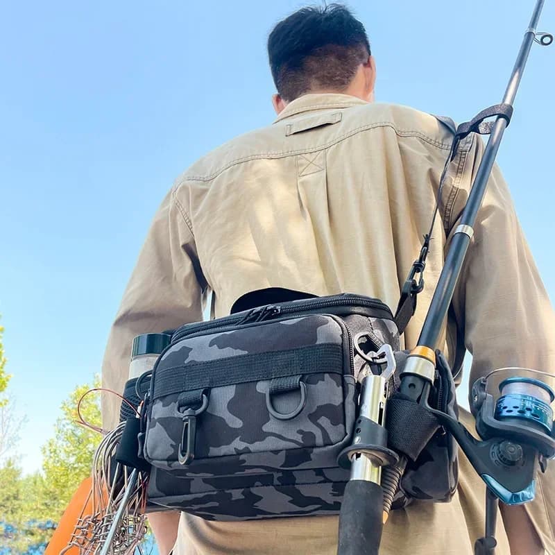 Sac à dos de pêche avec porte-canne et banane - Sac bandoulière pour leurres et accessoires de pêche