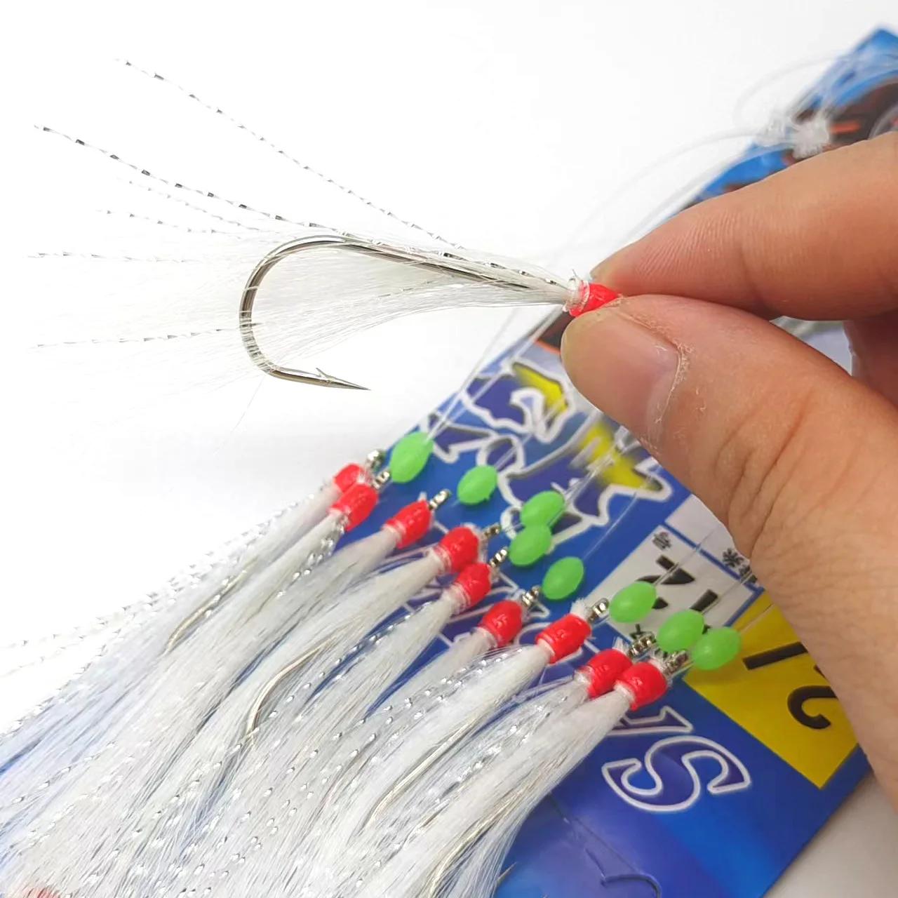 Hameçons lumineux Simulated string hook blanc et vert - 10 pièces pour pêche en mer et bateau