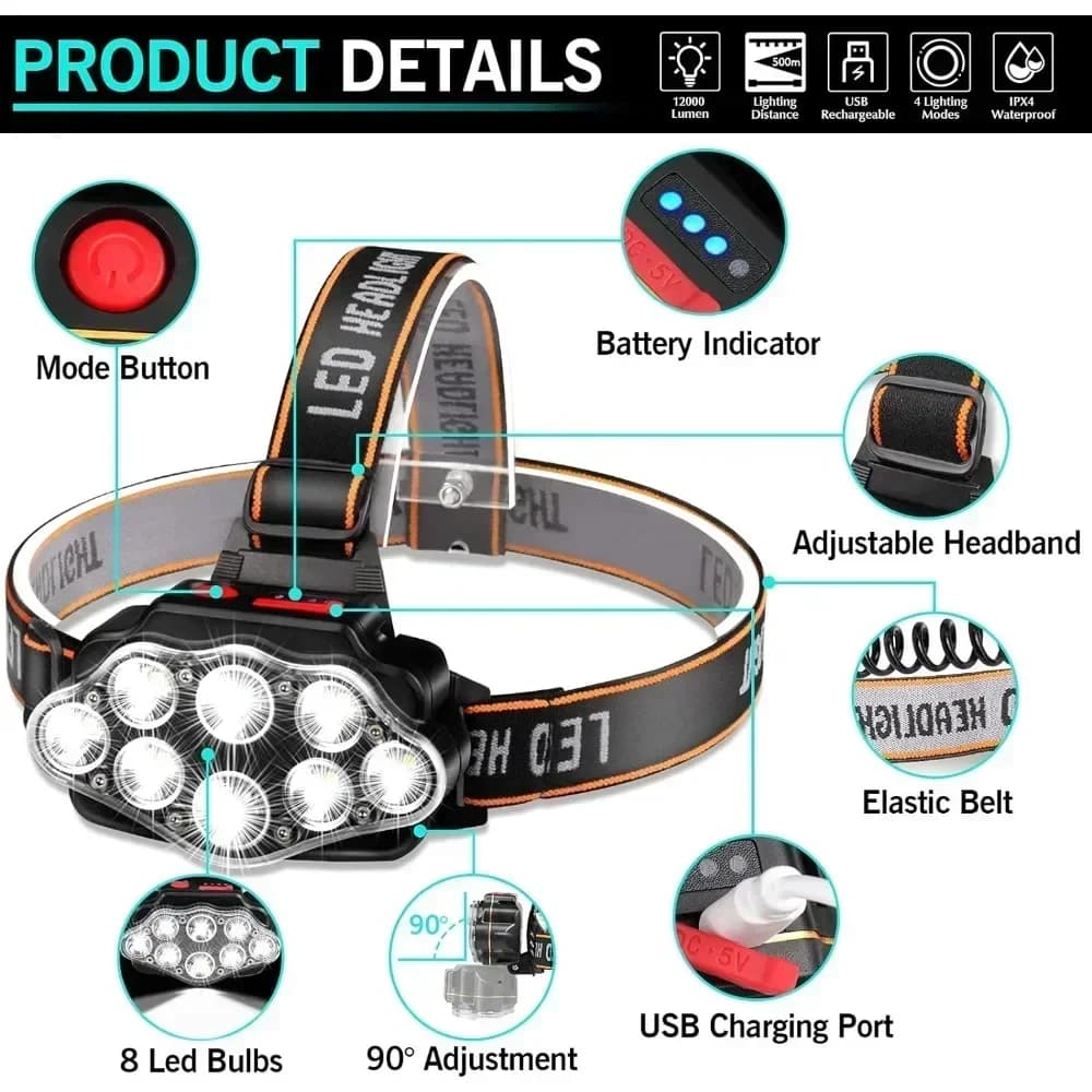 Lampe frontale 8 LED rechargeable puissante pour pêche et randonnée - Éclairage longue portée