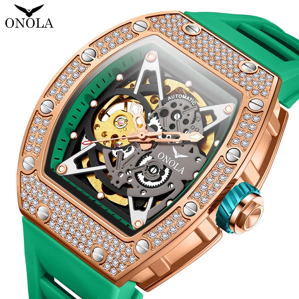 Montre mécanique automatique luxe homme ONOLA diamants squelette waterproof étanche automatique