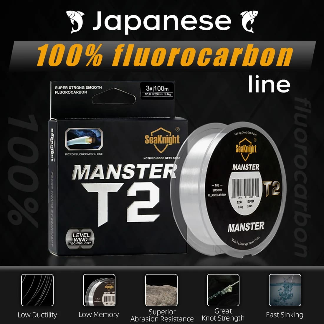 Ligne fluorocarbone 100% SeaKnight MANSTER T2 100m 3-35lb pêche mer ligne coulante carbone améliorée