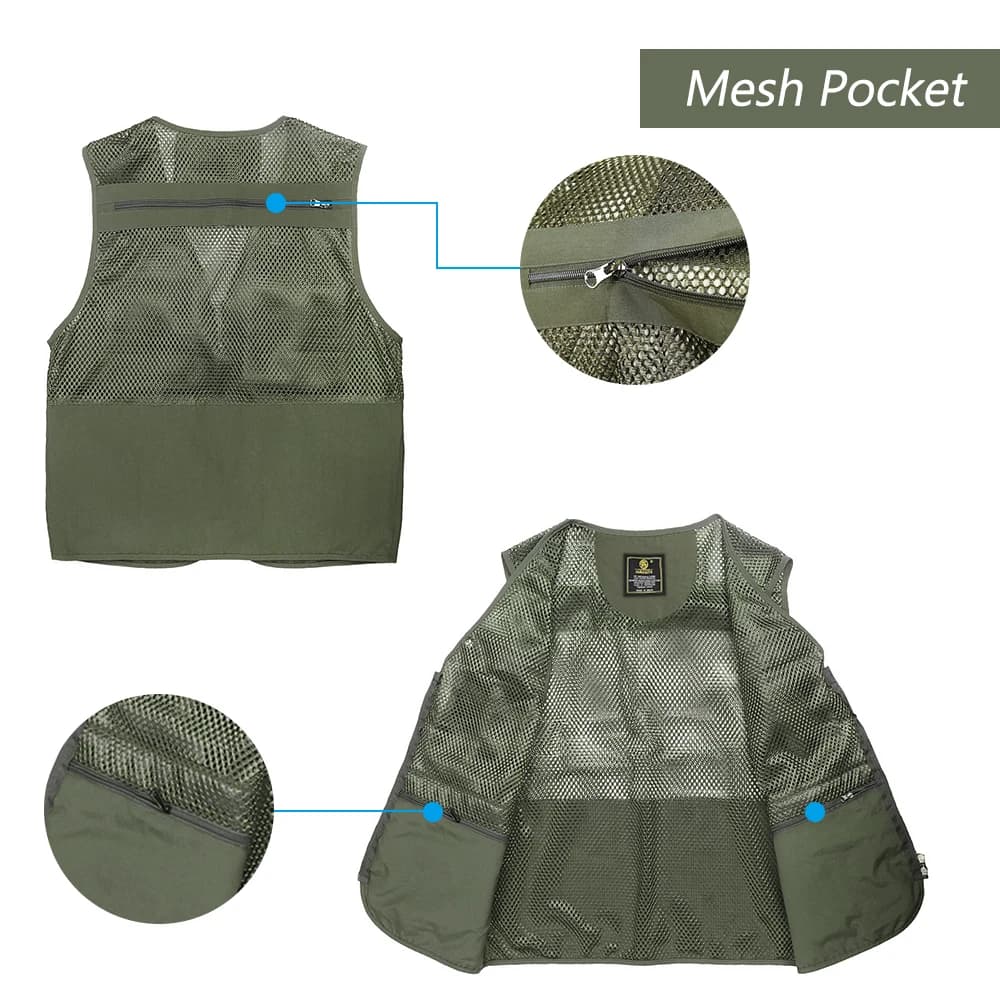 Veste de pêche respirante en mesh avec fermeture éclair et poches pour activités extérieures été