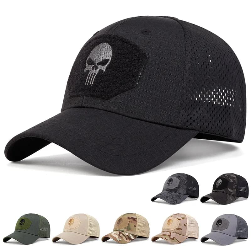 Casquette baseball crâne brodée unisexe - Mesh respirant tactique - Ajustable pour randonnée pêche