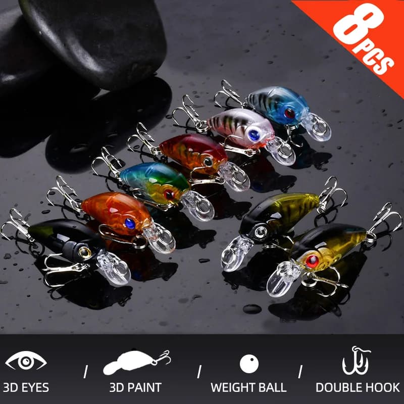 Set 8 leurres crankbait minnow - Appât flottant pêche surface - Leurre topwater black bass
