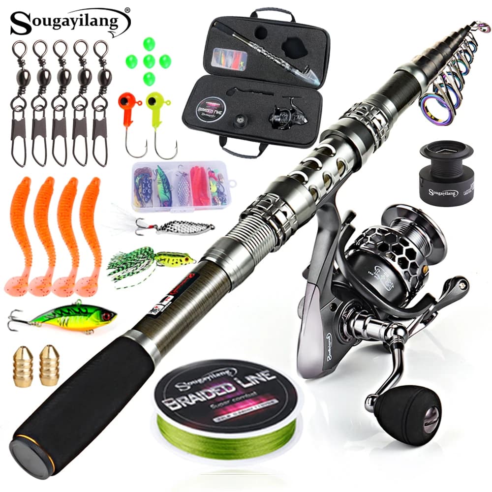 Kit pêche complet SOUGAYILANG canne télescopique 1.8-2.7m + moulinet 5.1:1 + ligne + leurres