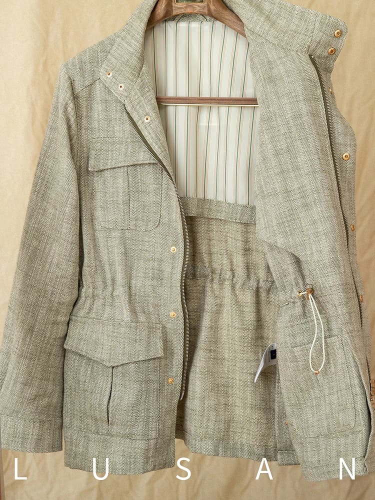 Veste de pêche légère en coton et lin M65 - Col montant ajusté pour pêche printemps-été
