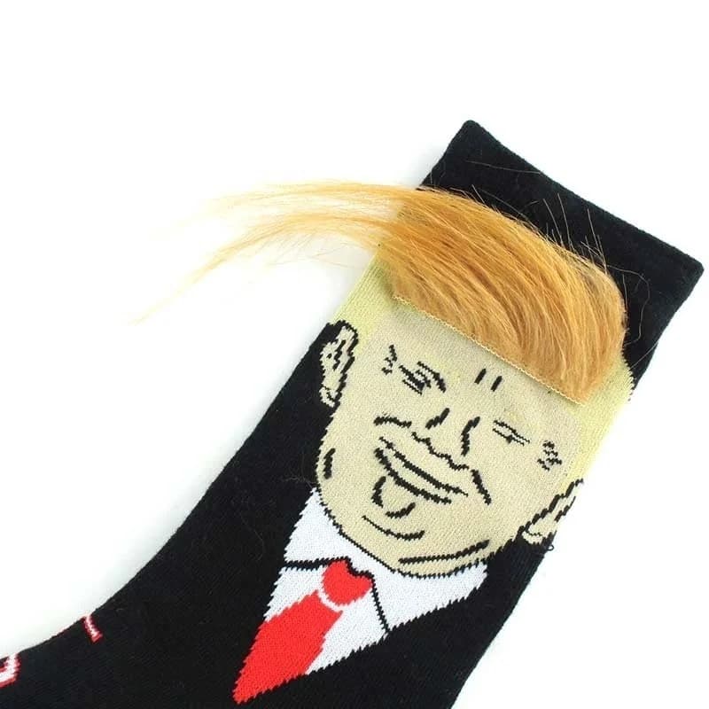 Chaussettes Donald Trump poils 3D faux cheveux crew originales humour politique homme femme collection