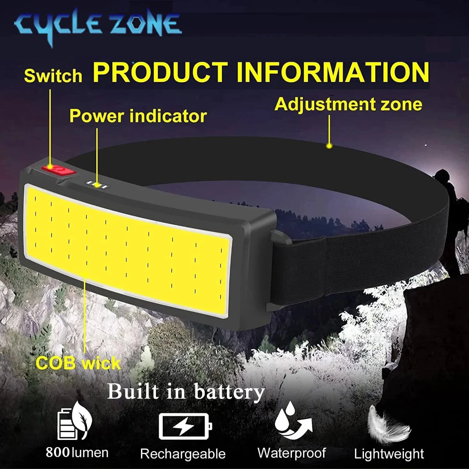 Lampe frontale COB rechargeable LED 180° pour pêche nocturne randonnée camping et escalade
