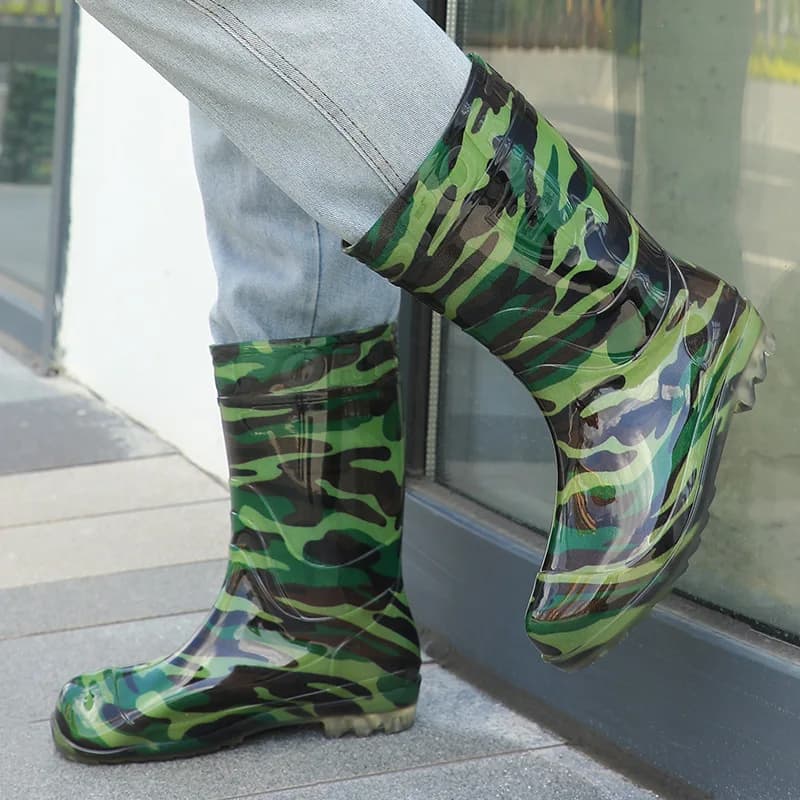 Bottes de pluie camouflage mi-mollet homme - Chaussures travail extérieur antidérapantes chaudes