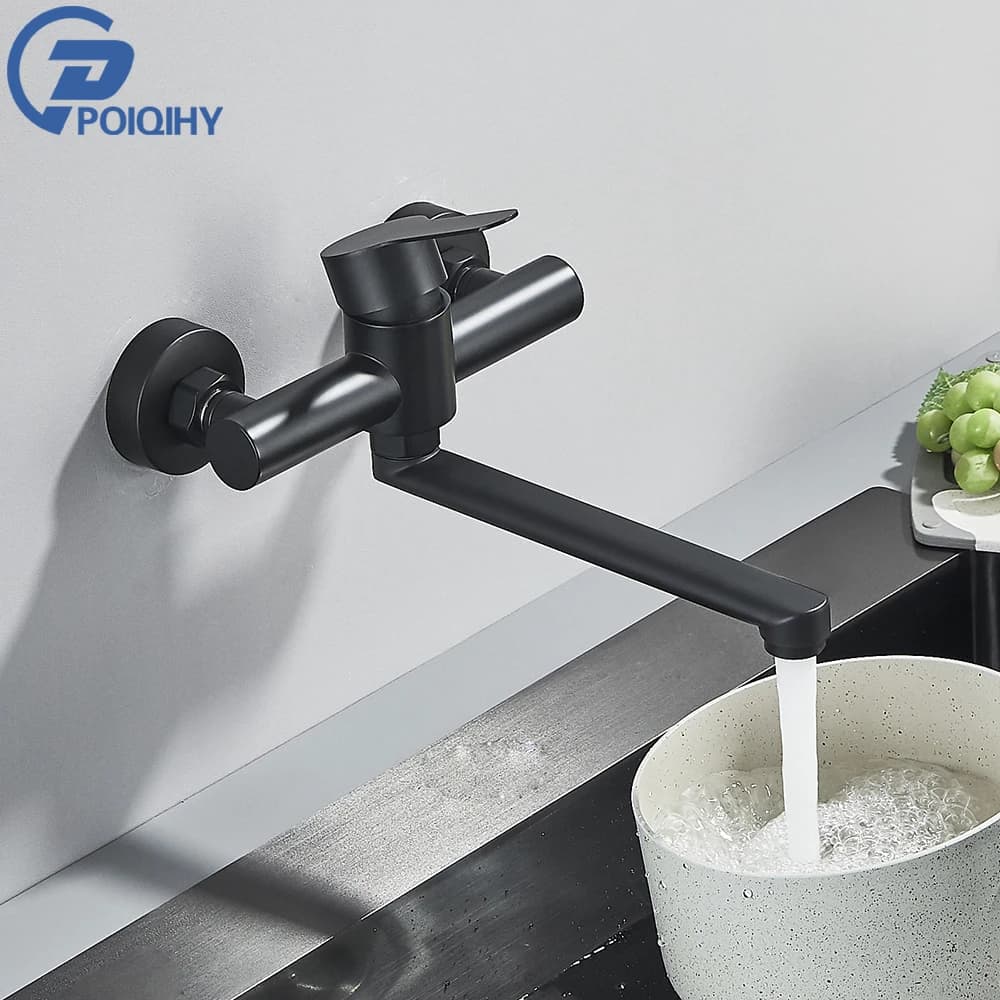 Robinet de cuisine mural noir 360° rotation bec unique mitigeur nickel brossé eau chaude froide pêche