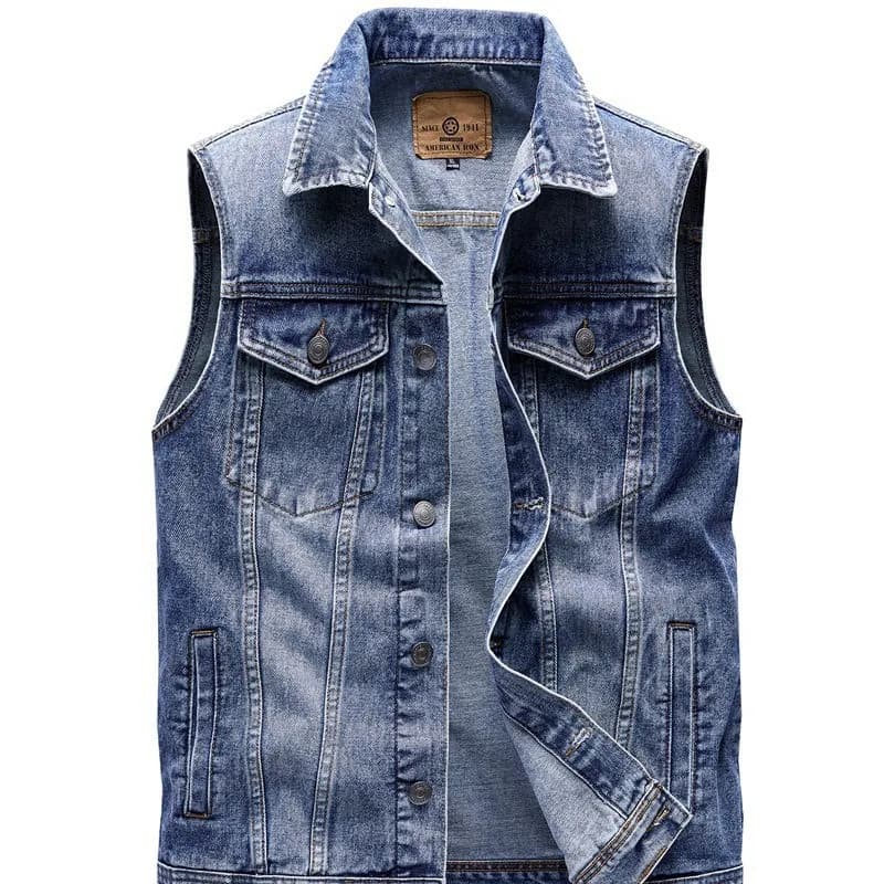 Gilet denim vintage homme 2025 - Veste sans manches en coton pure à multiples poches taille asiatique 4XL