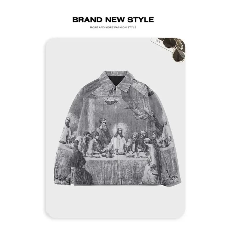 Veste oversize peinture vintage unisexe - Veste légère automne couples - Veste extérieure imprimé artistique