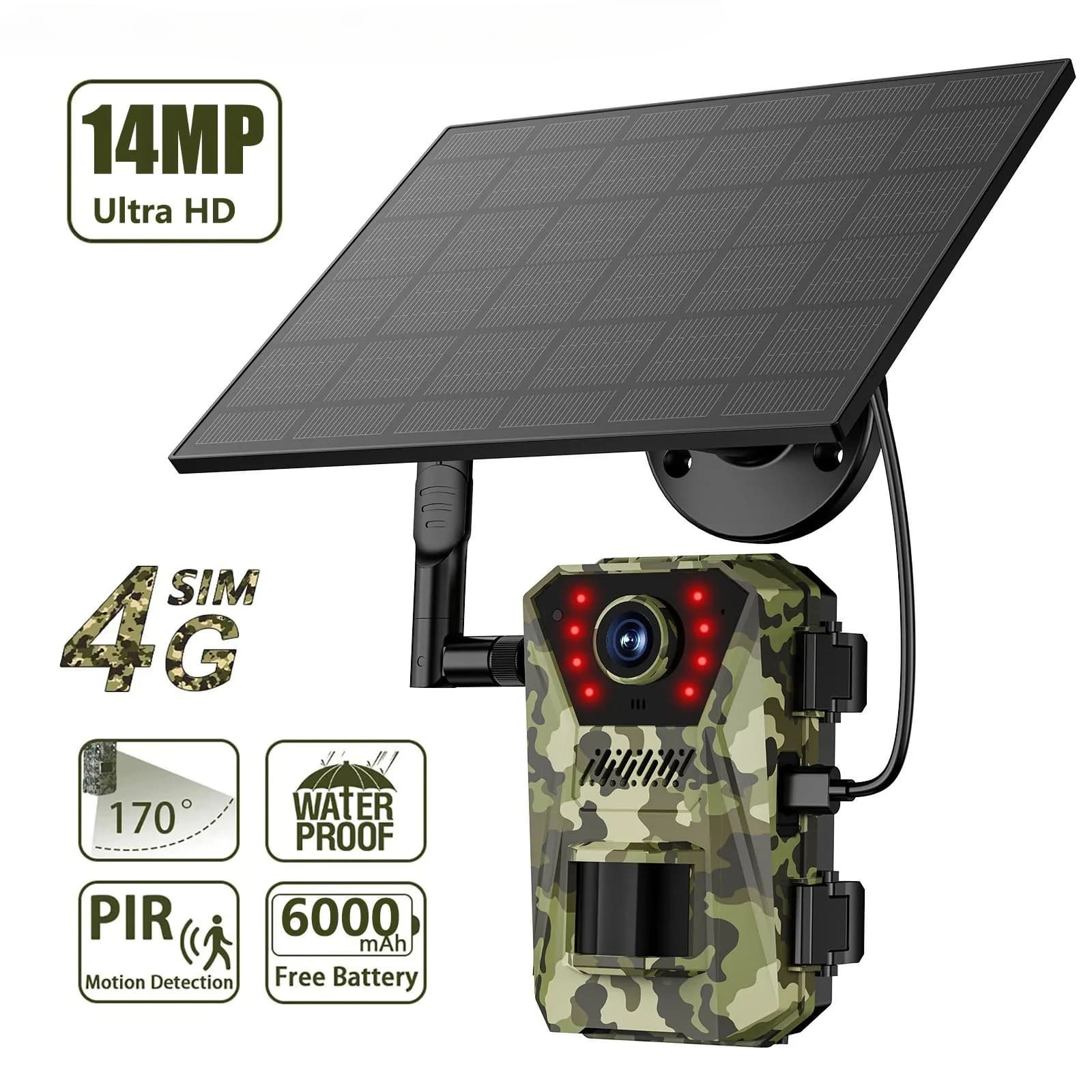 Caméra solaire 14MP 4G étanche détection PIR 20m vision nocturne 940nm pour surveillance pêche