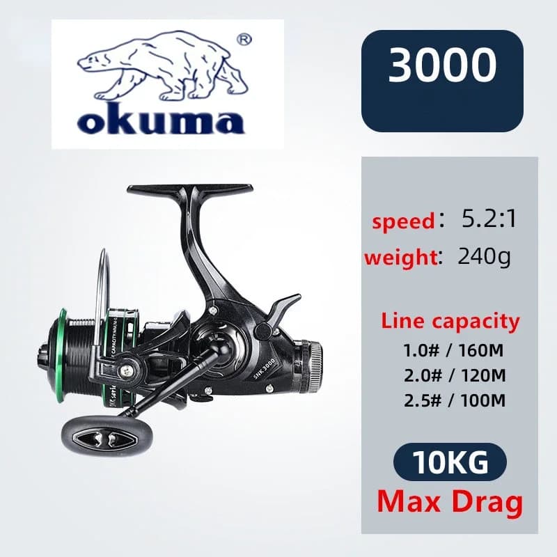 Moulinet Okuma double frein 20kg drague ratio 5.2:1 14+1BB, cupule métal série 3000-6000