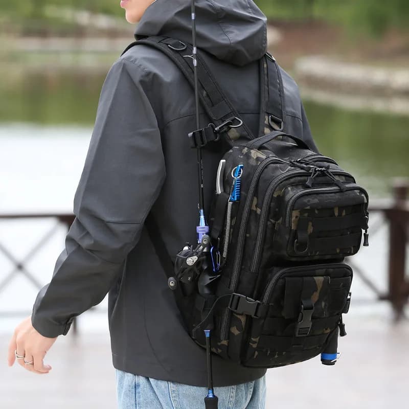 Sac à dos pêche 1000D nylon imperméable double bretelles - Sac rangement matériel pêche chasse randonnée extérieur