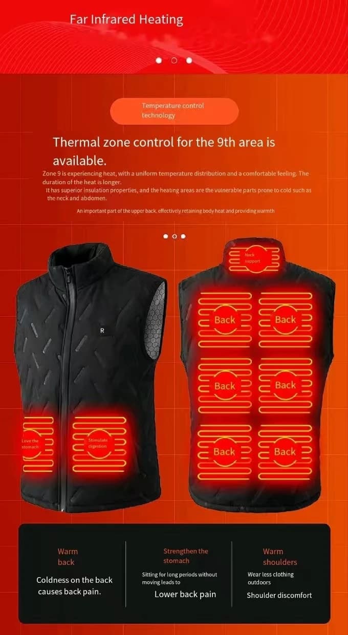 Veste chauffante électrique 9 zones double contrôle - Hiver automne unisexe sans batterie externe